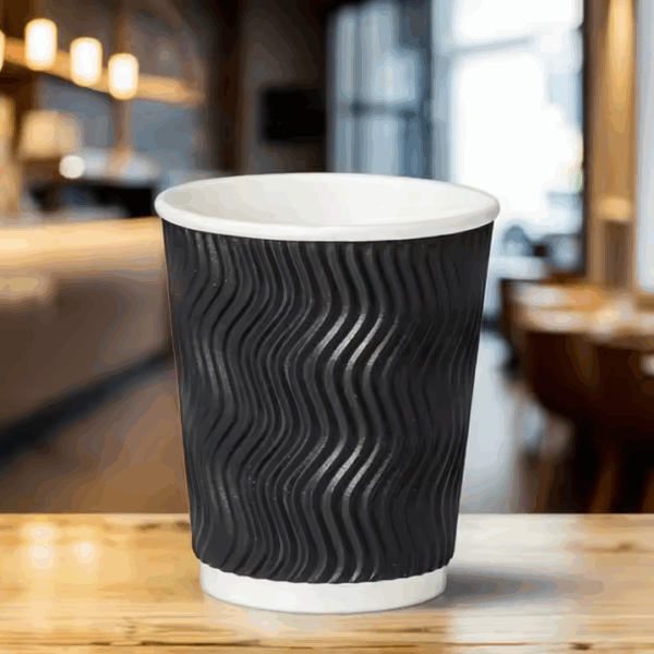 7oz Disposable Corrugated Black Ripple Wall Paper Cup with Customized Design Logo