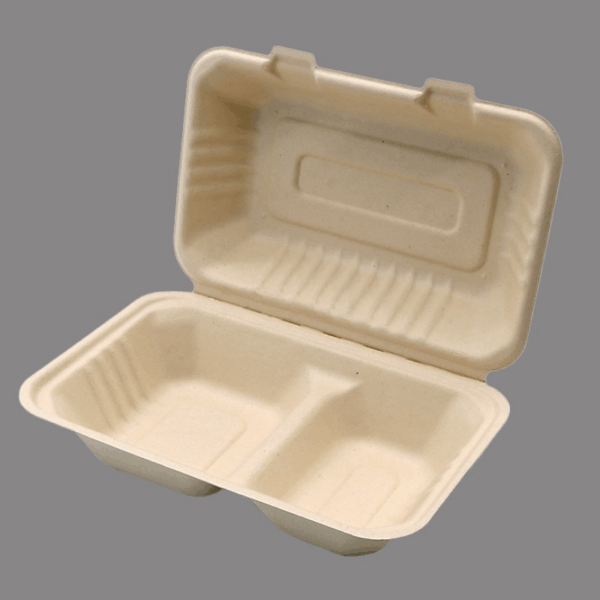 700ML White Biodegradable Fiber Clamshell 2 Compartment Salad Spegatti Container