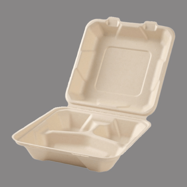 800ML Eco-Friendly Durable Bagasse 3-Compartment Clamshell Lunch Box Disposable Food Container
